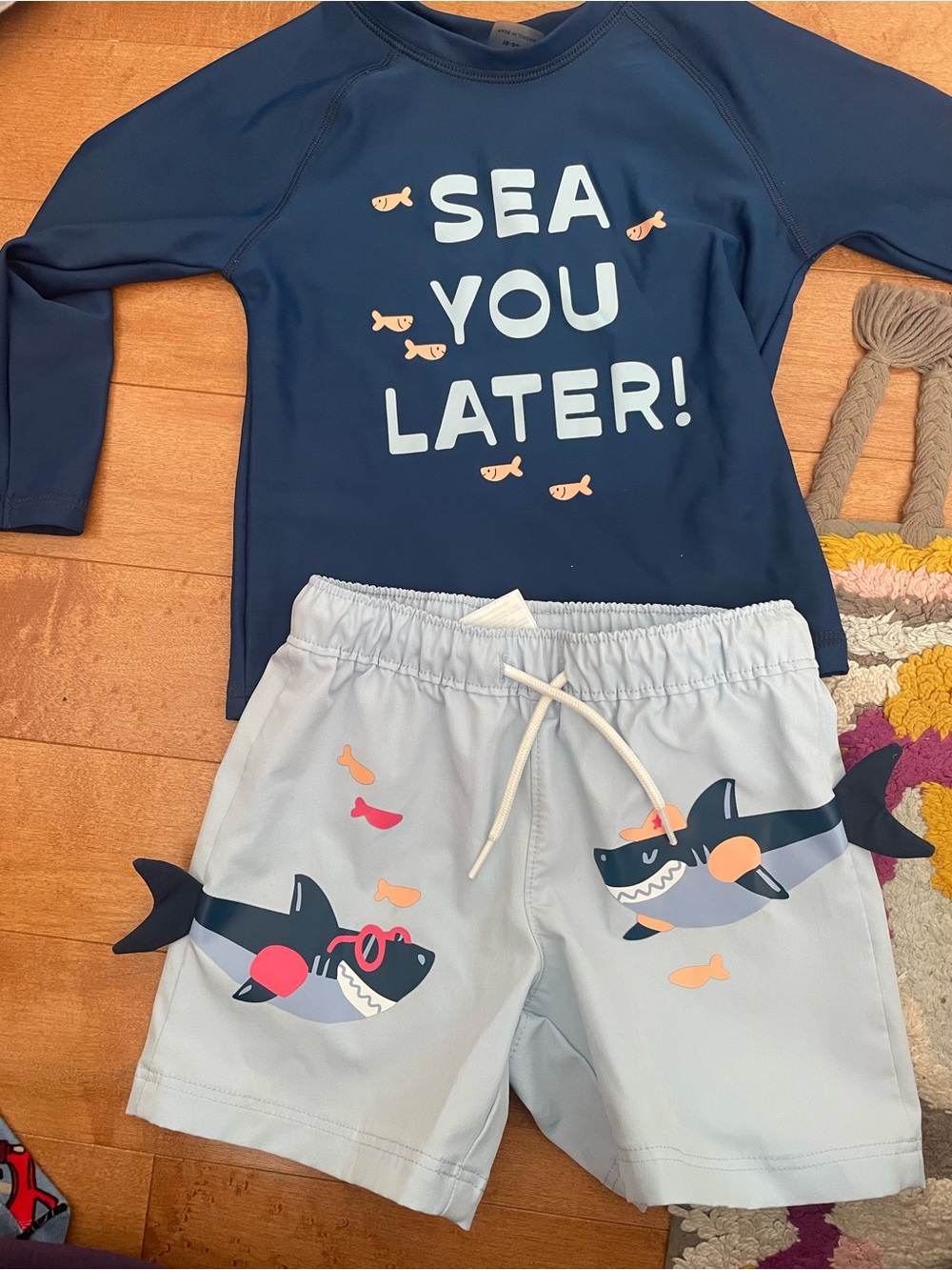 Navy "SEA YOU LATER" Rash Guard & Shark Swim Shorts Set